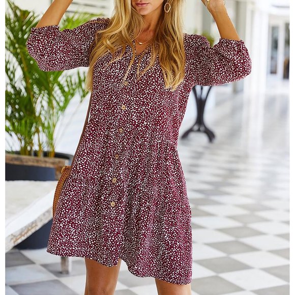 Red Confetti Print Button Down Shift Dress - Picture 6 of 11